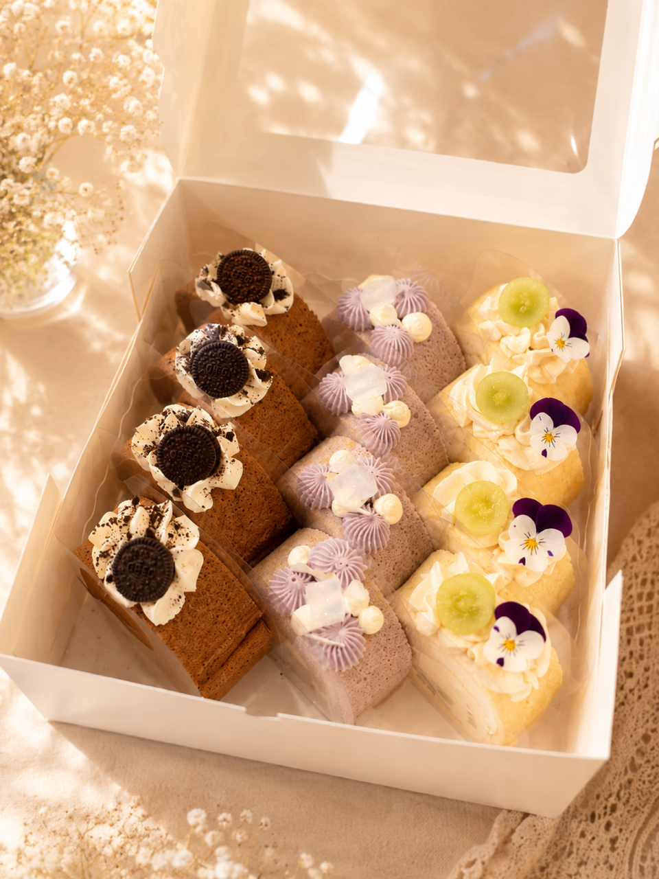 An open white bakery box containing six assorted decorated cake slices or pastry pieces, arranged neatly in a warm, sunlit setting with a soft blurred floral background.