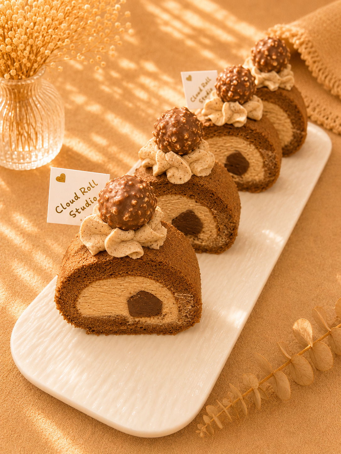 Four chocolate roll cakes with cream and chocolate spheres, arranged on a white rectangular plate. Each cake has a small card reading 'Cloud Rail Studio'.