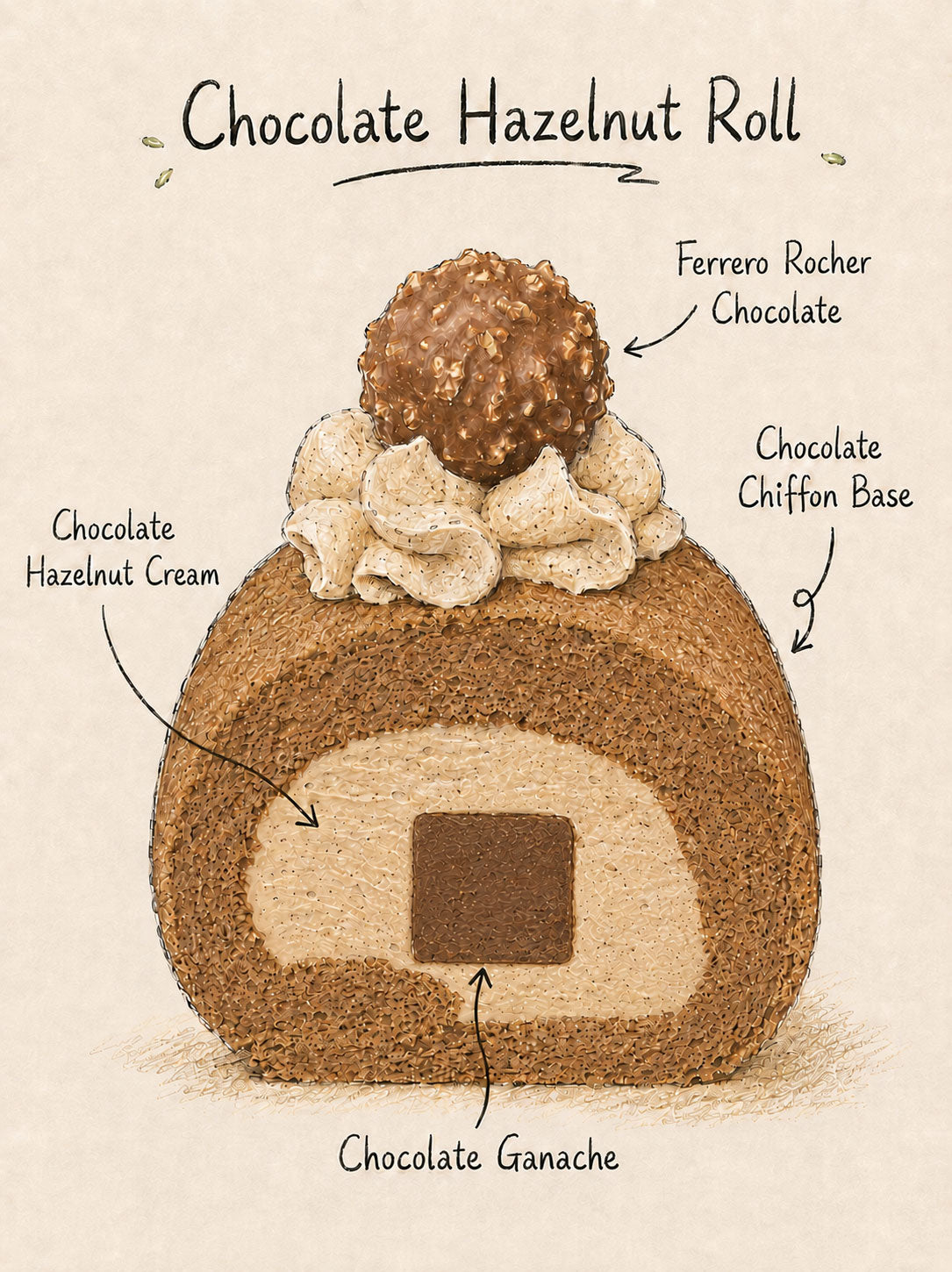 Illustrated chocolate hazelnut roll pastry on a beige background with handwritten labels pointing to layers and toppings: Ferrero Rocher chocolate, chocolate chiffon base, chocolate hazelnut cream, and chocolate ganache.