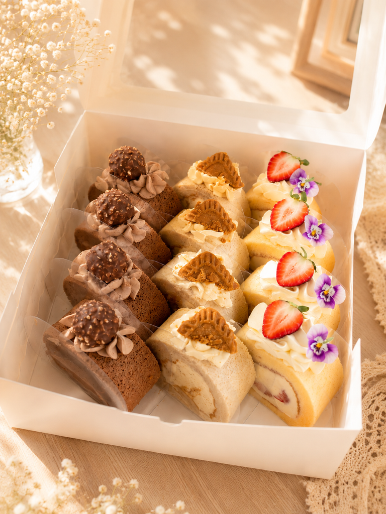 A white bakery box filled with assorted pastries, including chocolate rolls, cream-filled cakes, and strawberry-topped slices, styled on a beige surface with soft decorative flowers in the background.