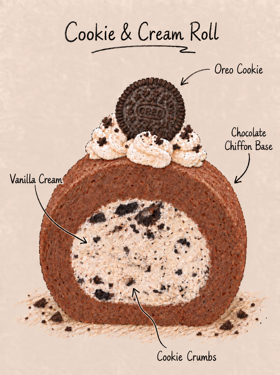 Illustrated cookie and cream roll dessert with labeled parts: Oreo cookie on top, chocolate chiffon base, vanilla cream, and cookie crumbs, on a beige background.
