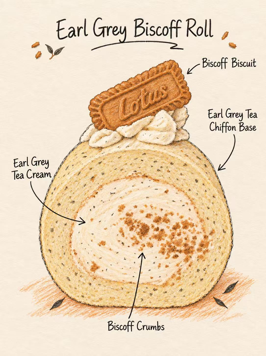 Illustrated Earl Grey Biscuff Roll dessert with labeled parts: biscuit, cream, chiffon base, biscoff crumbs, and a Lotus biscuit on top, shown on a beige background.