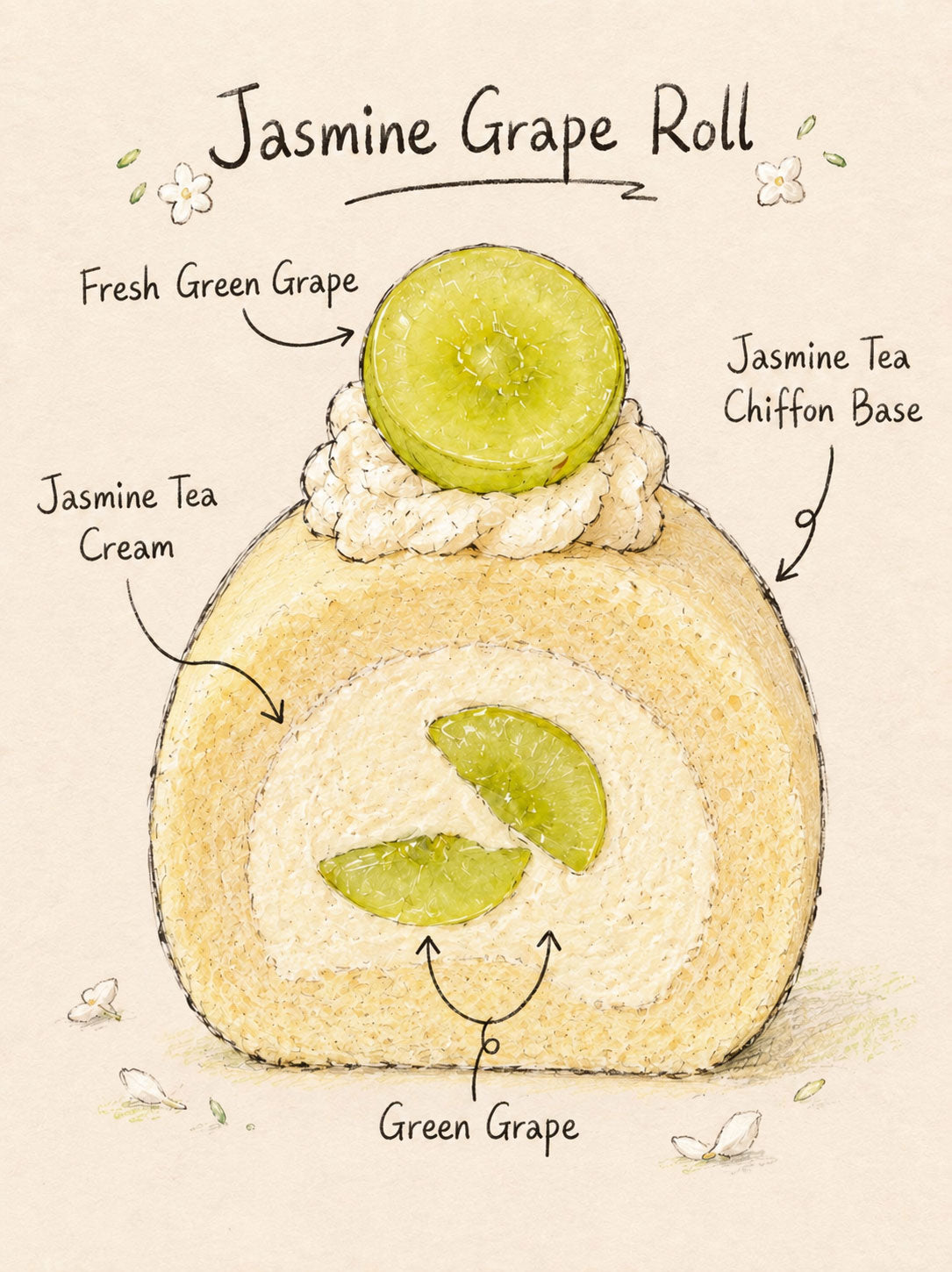 Illustrated dessert label for a Jasmine Grape Roll, showing a sliced cake roll with a grape slice on top and handwritten callouts naming Fresh Green Grape, Jasmine Tea Cream, Jasmine Tea Chiffon Base, and Green Grape on a beige background.
